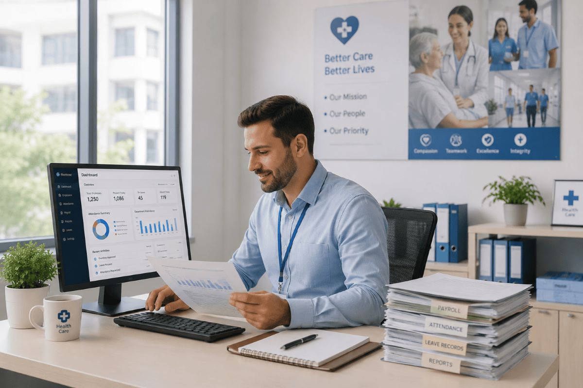 Hospital attendance and payroll software dashboard for healthcare workforce management